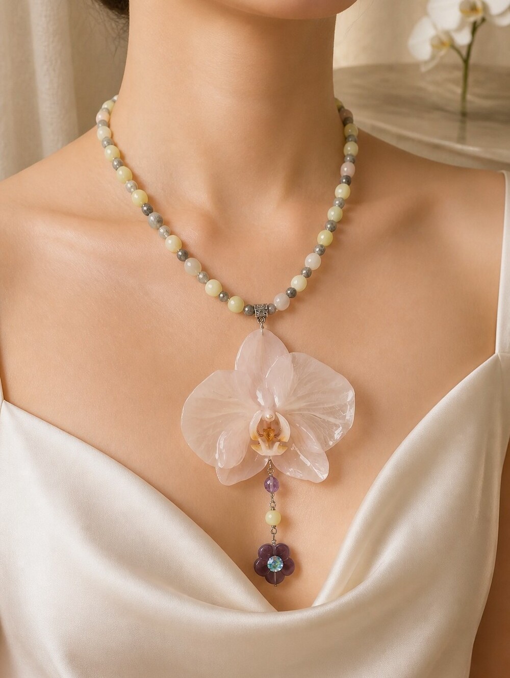 #287 HAND CRAFTED Necklace Handmade Orchid Dried Resin White Yellow Purple